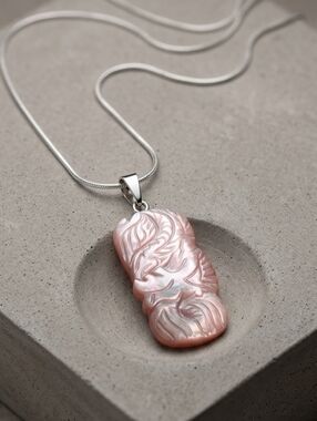 Pink dragon pendant necklace made of carved Cat's Eye stone silver chain NWT